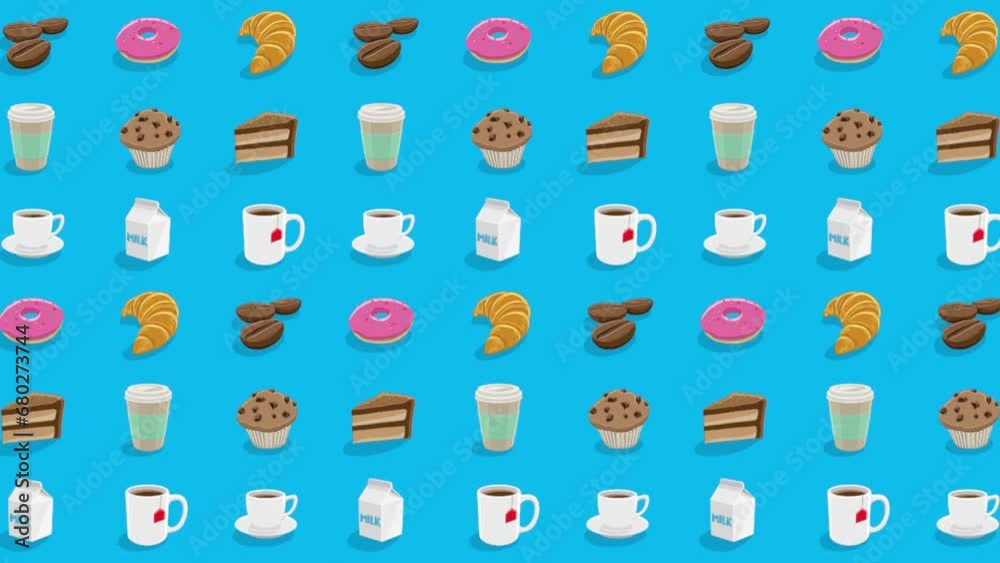 Colorful Moving Cartoon Coffee and Breakfast Graphics on a Blue Background Colorful Moving Cartoon Coffee and Breakfast Graphics on a Blue Background