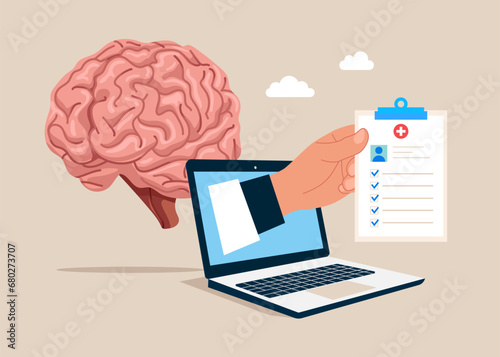 Online consultate with a patient. Vector illustration for cerebrum. Brain disease research. Flat vector illustration