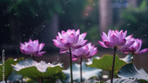 Lotus flower blooming in the pond with rain drops on the leaves. Spa Concept. Springtime concept with copy space.