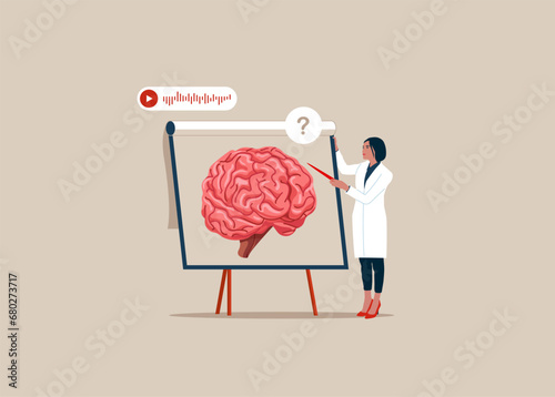 Medical specialist studying donor inner organ. Medical college doctor teaching students. Human cerebrum. Flat vector illustration