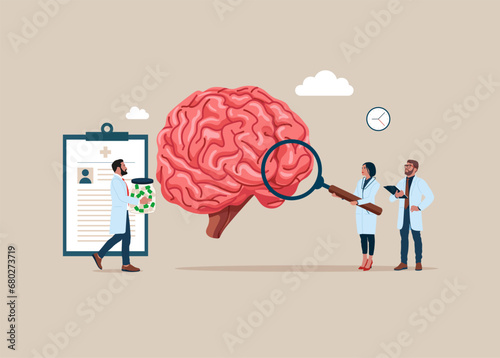 Studying big cerebrum model among drugs and diagram. Cerebrum disease research. Flat vector illustration