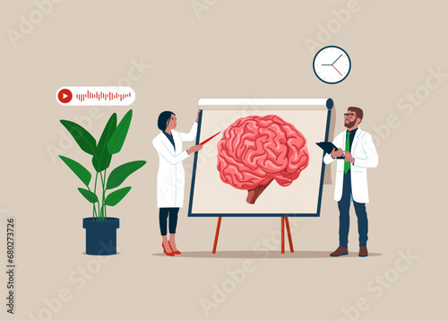 Doctors pointing on demonstration board with human brain explain its opportunities. Medical conference to study anatomy, neurology. Flat vector illustration