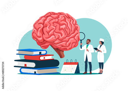 Seminar, lecture, healthcare meeting concept. Brainstem and cerebellum to study anatomy, neurology. Flat vector illustration