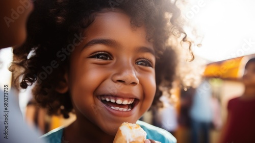 Portrait of a smiling child with ice cream  blurred background of a summer fair