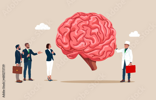 Tiny people doctor and patients observing and discussing about human brain. Human cerebrum. Human brain anatomy. Organs symbol. Flat vector illustration