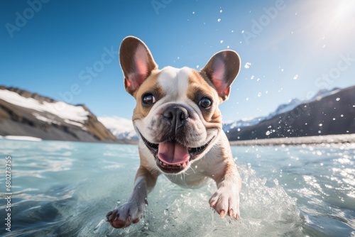 Lifestyle portrait photography of a happy french bulldog shaking off water after swimming against glaciers and ice caves background. With generative AI technology © Markus Schröder
