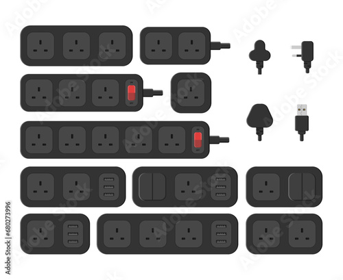 power outlet plug extension strip switch british type g set vector flat illustration