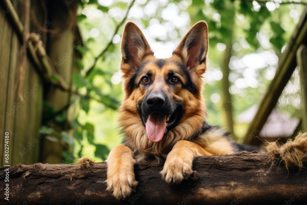 Lifestyle portrait photography of a happy german shepherd biting his tail against treehouses background. With generative AI technology