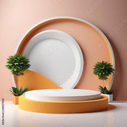 3d rendering abstract podium with tropical plant background 3d rendering abstract podium with tropical plant background 3d render of empty podium on orange background. product presentation concept. © Shubham