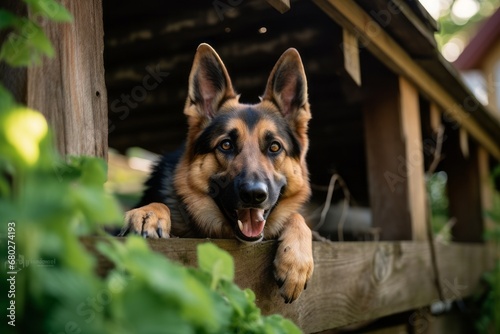 Lifestyle portrait photography of a happy german shepherd biting his tail against treehouses background. With generative AI technology photo