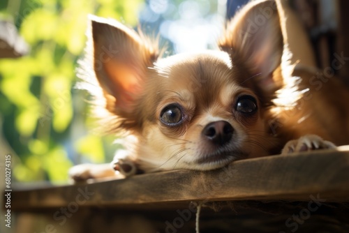 Close-up portrait photography of a cute chihuahua lying down against treehouses background. With generative AI technology © Markus Schröder