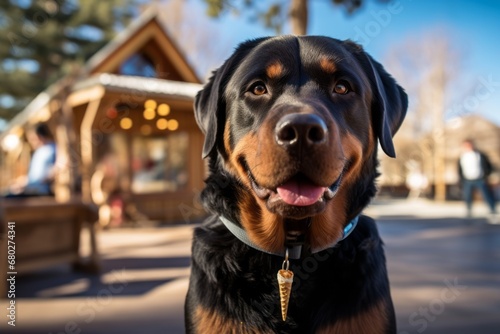 Medium shot portrait photography of a cute rottweiler licking an ice cream cone against treehouses background. With generative AI technology