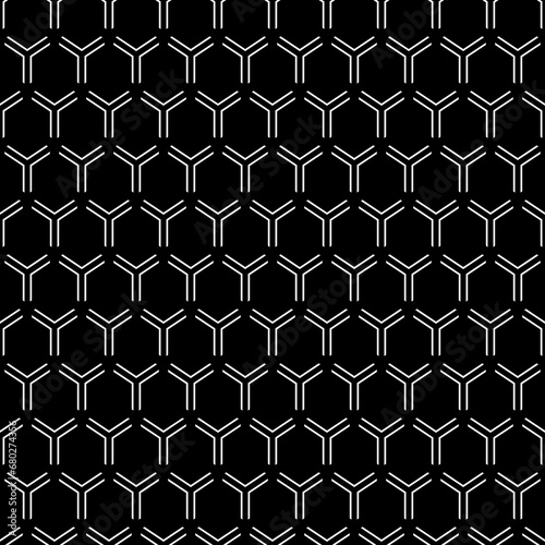 Repeated white interlocking broken hexagons contours on black background. Seamless surface pattern design with bee combs. Hexagonal grid. Honeycomb wallpaper. Three pronged star blocks. Angle brackets