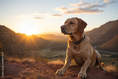 Medium shot portrait photography of a happy labrador retriever watching a sunset with the owner against gorges and canyons background. With generative AI technology photo