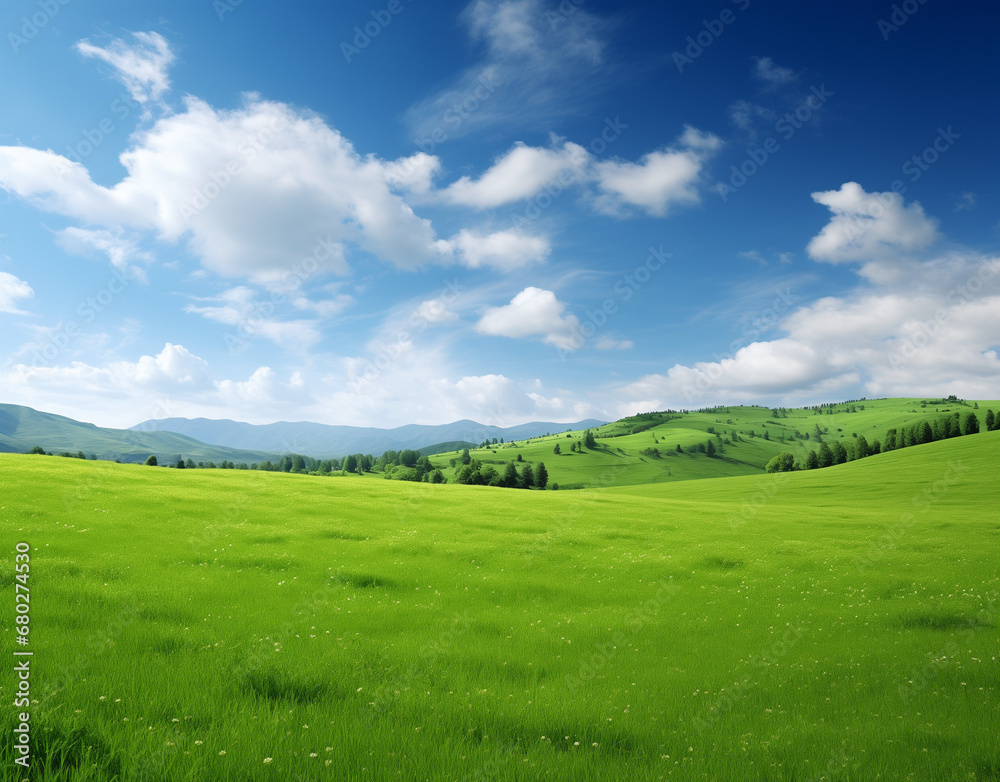 natural scenic panorama green field. AI generated