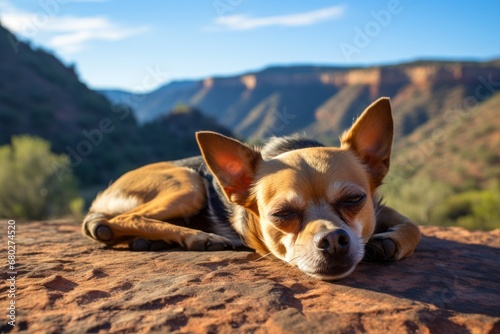 Headshot portrait photography of a tired chihuahua lying down against gorges and canyons background. With generative AI technology