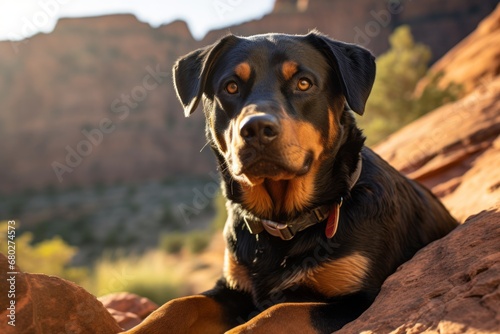 Studio portrait photography of a happy rottweiler digging against gorges and canyons background. With generative AI technology