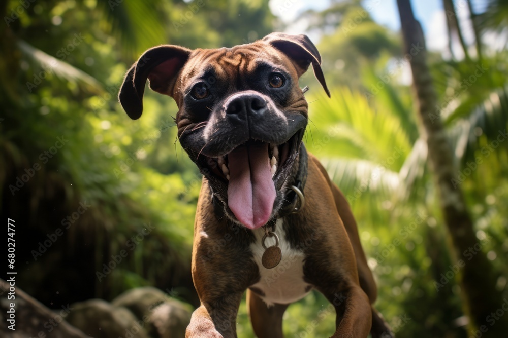 Lifestyle portrait photography of a happy boxer dog skateboarding against tropical rainforests background. With generative AI technology