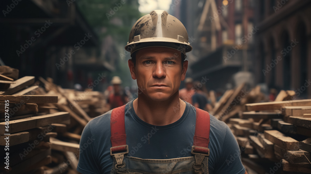 Builder with determination amid construction debris. Builder with determination amid construction debris.