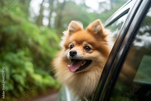 Environmental portrait photography of a cute pomeranian sticking head out of a car window against tropical rainforests background. With generative AI technology