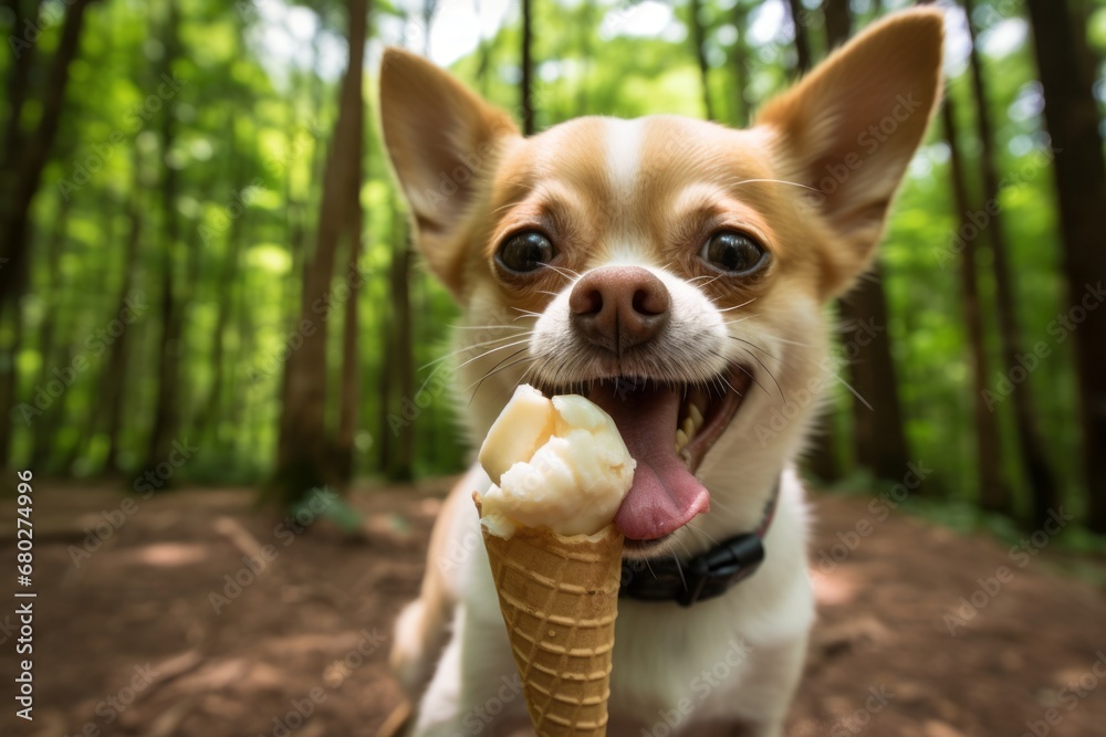 Close-up portrait photography of a tired chihuahua licking an ice cream cone against bamboo forests background. With generative AI technology Close-up portrait photography of a tired chihuahua licking an ice cream cone against bamboo forests background. With generative AI technology