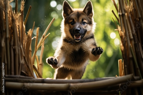 Conceptual portrait photography of a curious german shepherd jumping against bamboo forests background. With generative AI technology photo