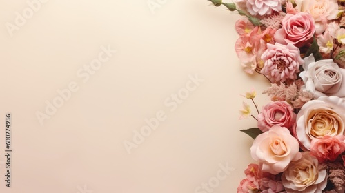  a bunch of flowers that are on top of a white surface with a place for a text on the bottom of the picture. © Nadia