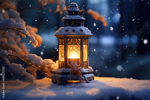  a lit lantern sitting on top of a pile of snow in the middle of a forest filled with snow covered trees. photo