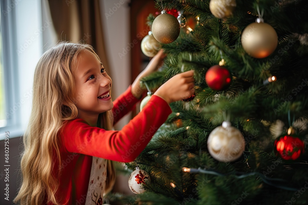 A Girl's Touch on the Christmas Tree, generative AI A Girl's Touch on the Christmas Tree, generative AI