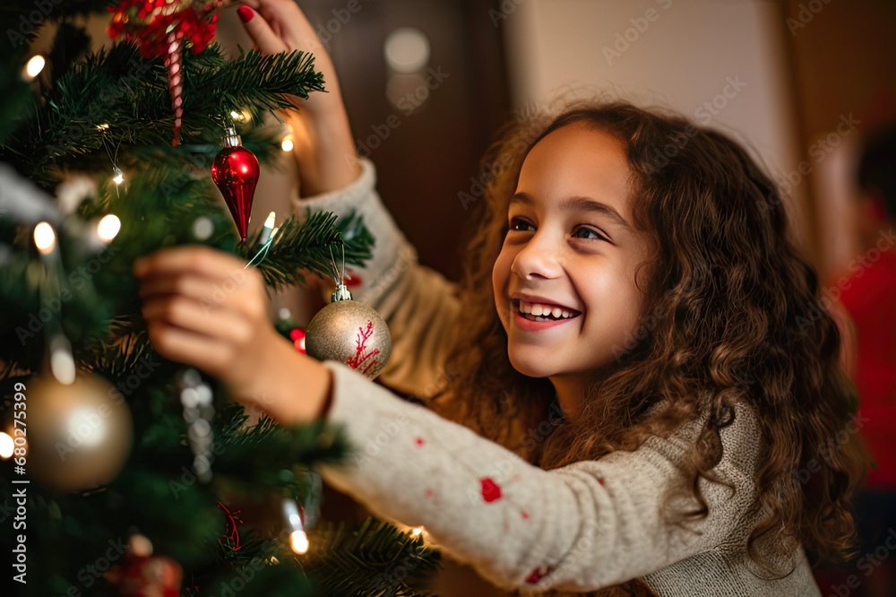 A Girl's Touch on the Christmas Tree, generative AI A Girl's Touch on the Christmas Tree, generative AI