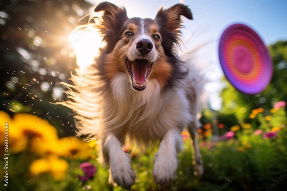 Fototapeta premium Lifestyle portrait photography of a funny shetland sheepdog catching a frisbee against colorful flower gardens background. With generative AI technology