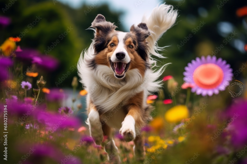 Lifestyle portrait photography of a funny shetland sheepdog catching a frisbee against colorful flower gardens background. With generative AI technology