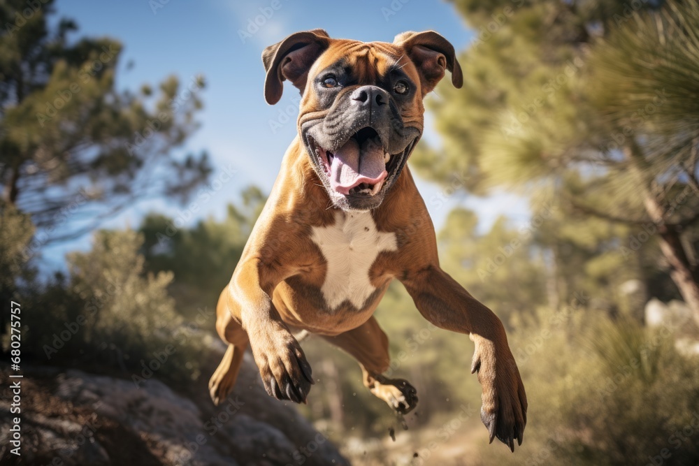 Lifestyle portrait photography of a happy boxer dog jumping over an obstacle against birdwatching spots background. With generative AI technology