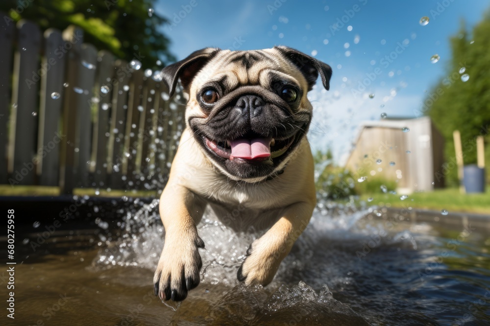 Obraz premium Close-up portrait photography of a cute pug splashing in a pool against horse stables and riding trails background. With generative AI technology
