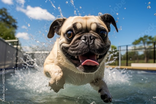 Close-up portrait photography of a cute pug splashing in a pool against horse stables and riding trails background. With generative AI technology