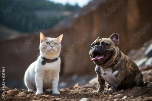 Full-length portrait photography of a smiling french bulldog being with a pet cat against old mines and quarries background. With generative AI technology photo