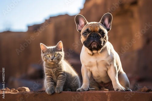 Full-length portrait photography of a smiling french bulldog being with a pet cat against old mines and quarries background. With generative AI technology