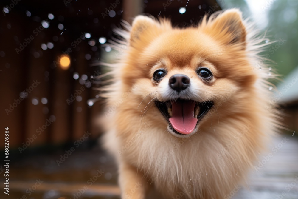 Close-up portrait photography of a smiling pomeranian playing in the rain against covered bridges background. With generative AI technology Close-up portrait photography of a smiling pomeranian playing in the rain against covered bridges background. With generative AI technology