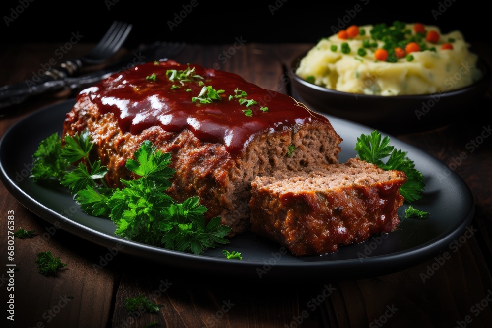  meatloaf on a plate with mashed potatoes and garnished with parsley and garnished with parsley.