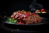  a meatloaf covered in ketchup and garnished with parsley sits on a black plate.