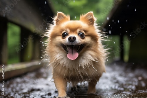 Close-up portrait photography of a smiling pomeranian playing in the rain against covered bridges background. With generative AI technology © Markus Schröder