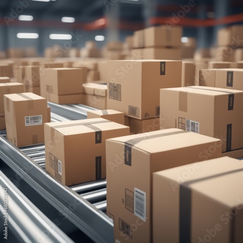 warehouse with cardboard boxes and conveyor belt 3d render warehouse with cardboard boxes and conveyor belt 3d render warehouse of cardboard warehouse with a cardboard box. 3d render © Shubham
