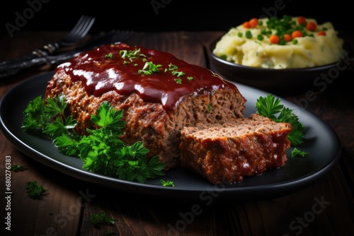  meatloaf on a plate with mashed potatoes and garnished with parsley and garnished with parsley.