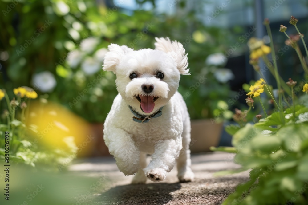 Environmental portrait photography of a happy bichon frise running against butterfly gardens background. With generative AI technology Environmental portrait photography of a happy bichon frise running against butterfly gardens background. With generative AI technology