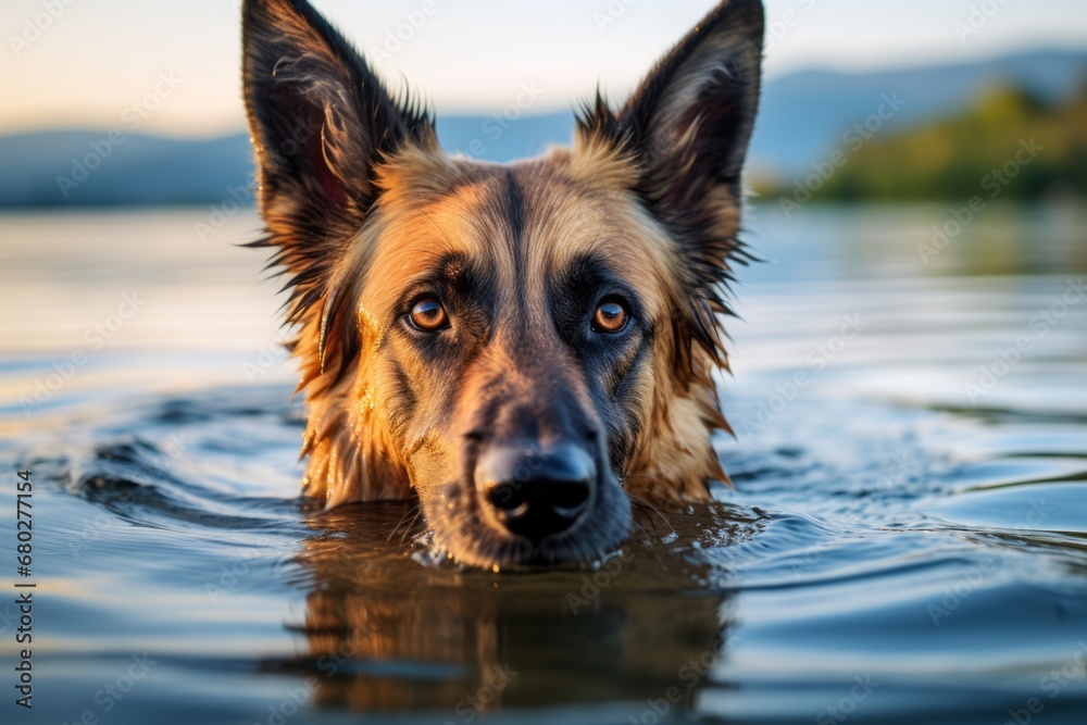 Headshot portrait photography of a curious german shepherd swimming in a lake against bison ranges background. With generative AI technology Headshot portrait photography of a curious german shepherd swimming in a lake against bison ranges background. With generative AI technology