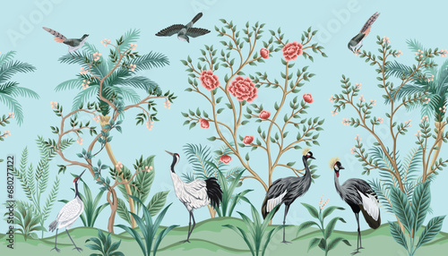 Vintage botanical garden tree, crane, tropical palm, plant floral seamless border blue background. Exotic chinoiserie mural. 