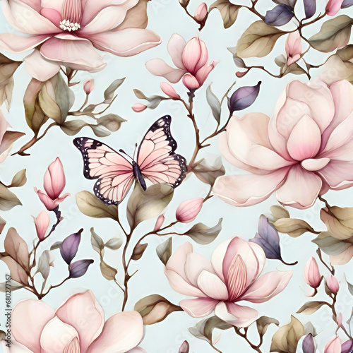 watercolor magnolia pattern  generative ai