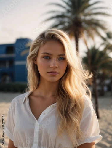 Photorealistic portrait of a 18-year-old girl with blonde hair, blue eyes, and white clothes. Natural and approachable expression at golden-hour. High-resolution, 85mm lens, 4K, Generative AI
