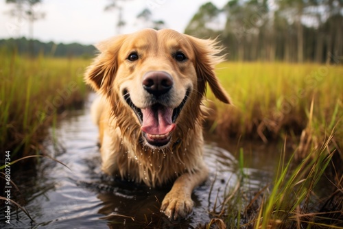 Environmental portrait photography of a smiling golden retriever rolling against swamps and bayous background. With generative AI technology