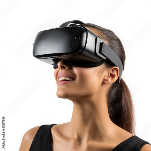 Woman in VR Headset isolated on white background, AI Generative.